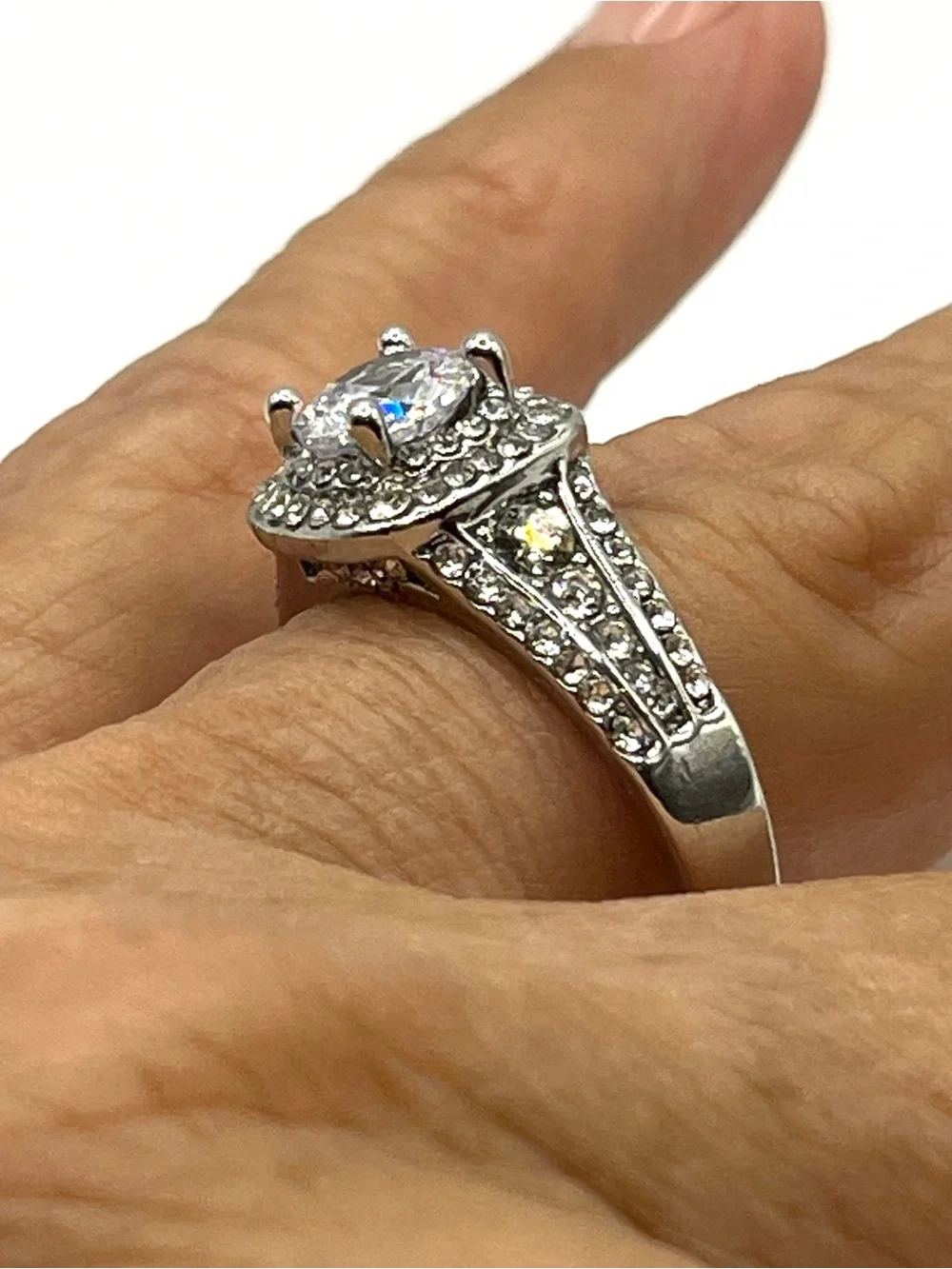 Halo Ring Engagement Ring Silver Rhodium Plated Sparkling Stones Prong Set